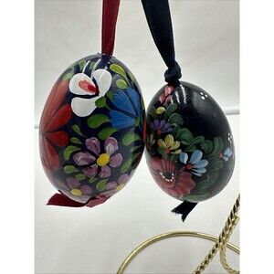 Lot 2 Vtg Easter Painted Wooden Egg Hanging Ornaments 2.5”
